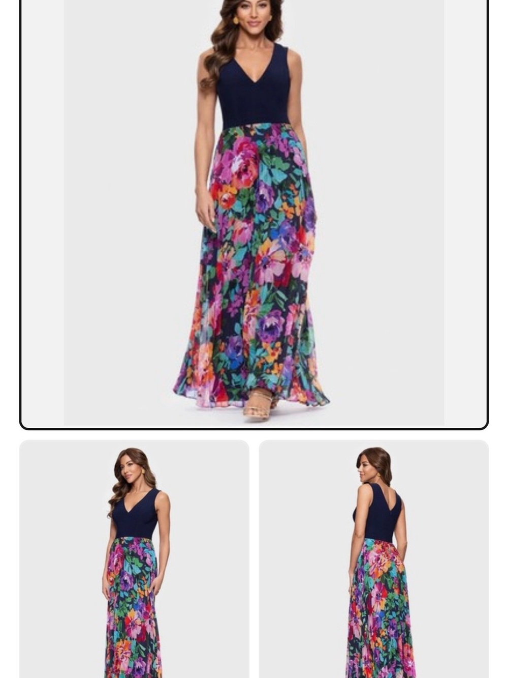 Nwt Xscape Navy Blue V-Neck Floral Mixed Media Gown Size 14